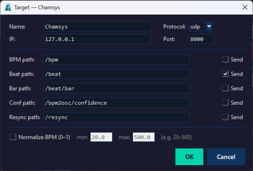 OSC target edit dialog for ChamSys MagicQ showing IP 127.0.0.1, port 8000, UDP, Beat path /beat with Send enabled and all other messages disabled