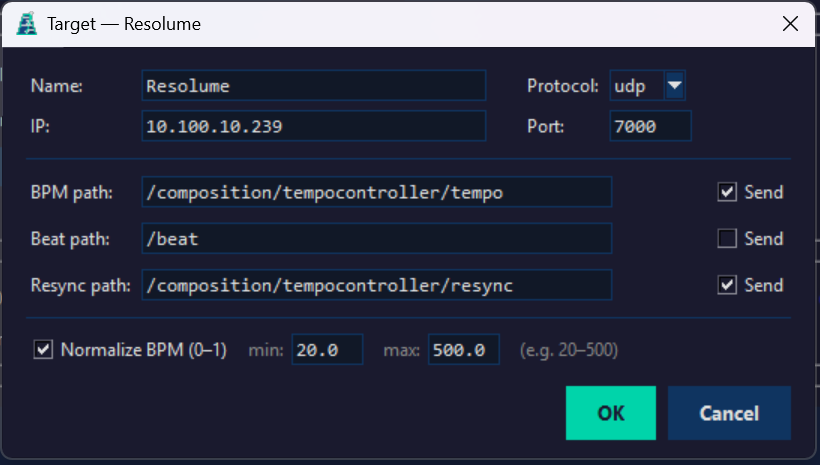 OSC target edit dialog for Resolume showing IP, port, OSC paths and BPM normalization